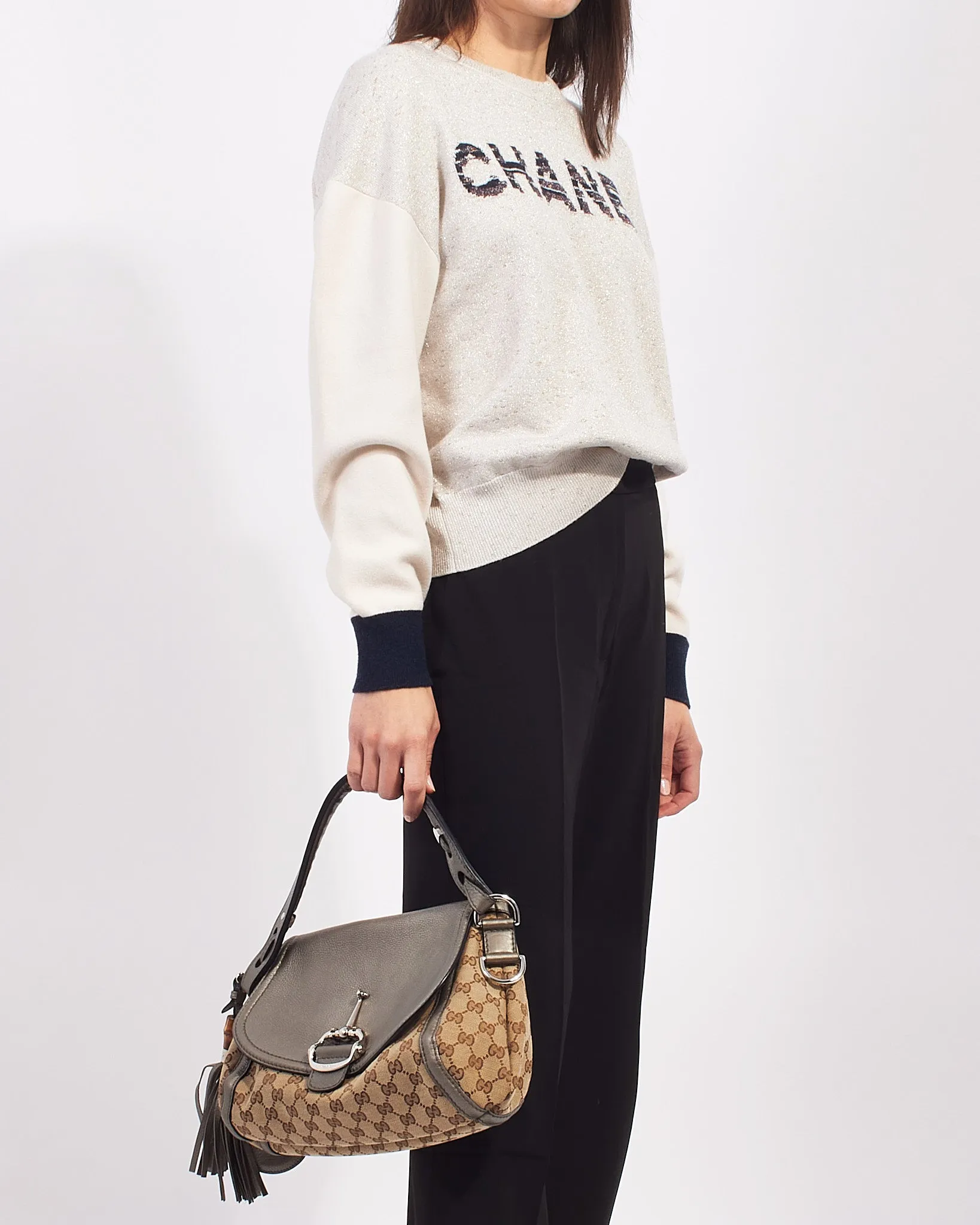 Gucci Metallic Silver Brown Canvas GG Horsebit Bamboo Tassel Bag