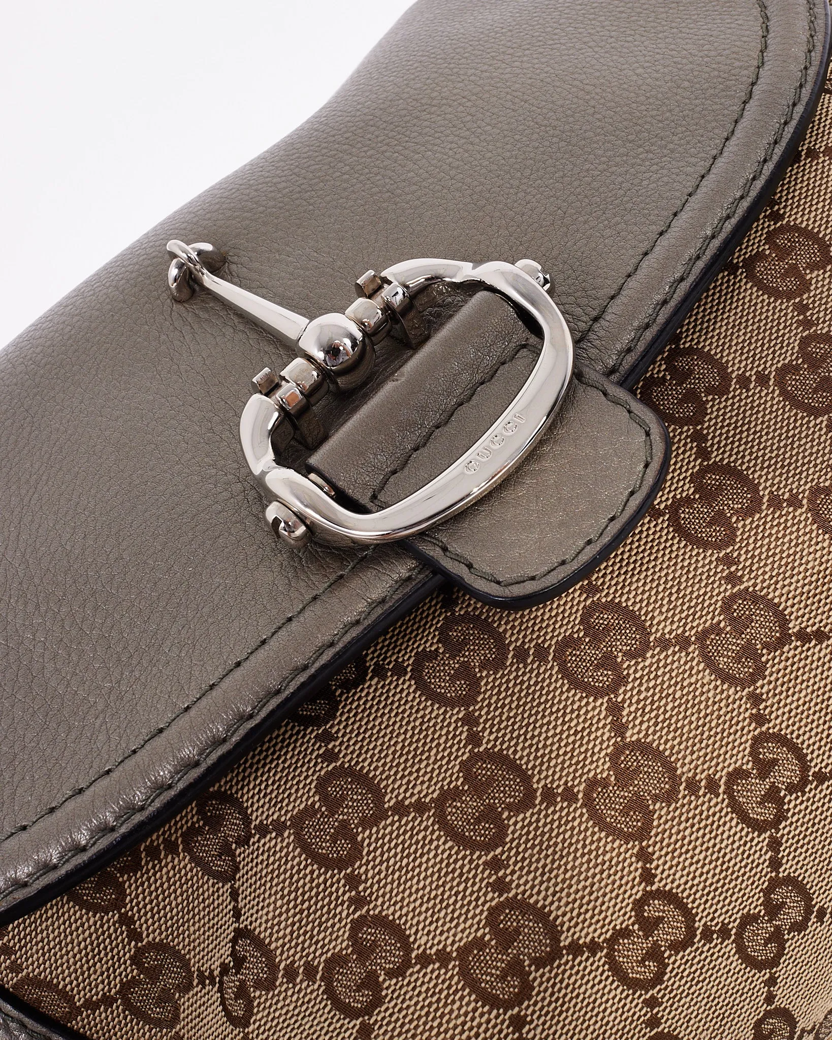 Gucci Metallic Silver Brown Canvas GG Horsebit Bamboo Tassel Bag