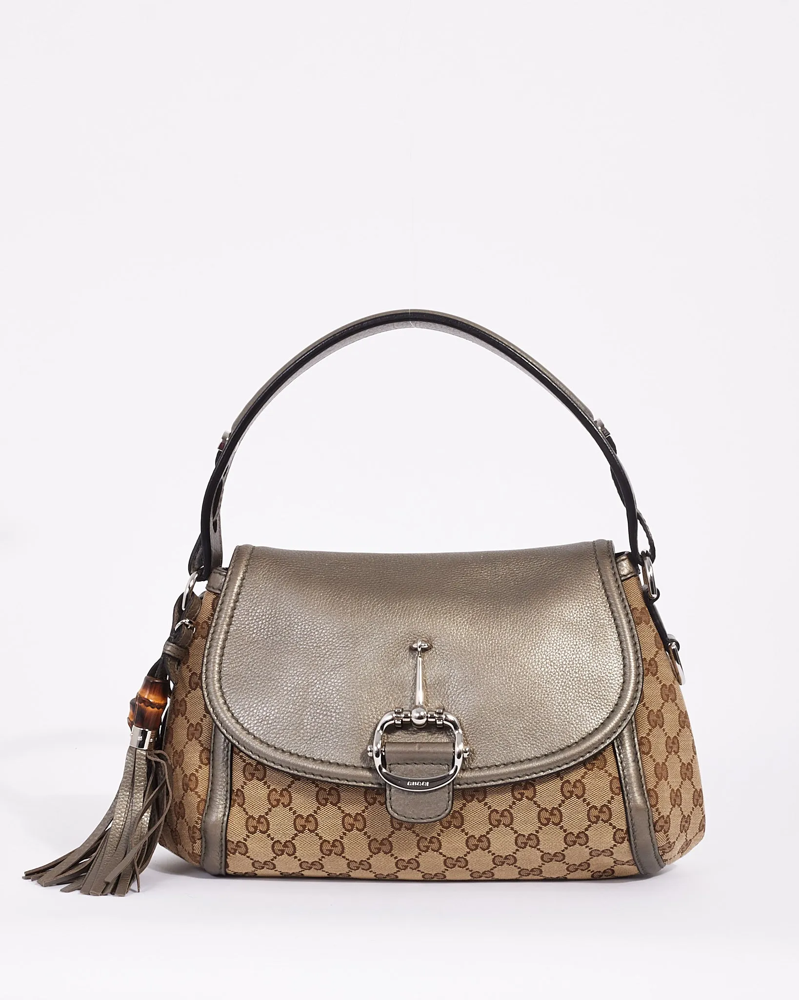 Gucci Metallic Silver Brown Canvas GG Horsebit Bamboo Tassel Bag