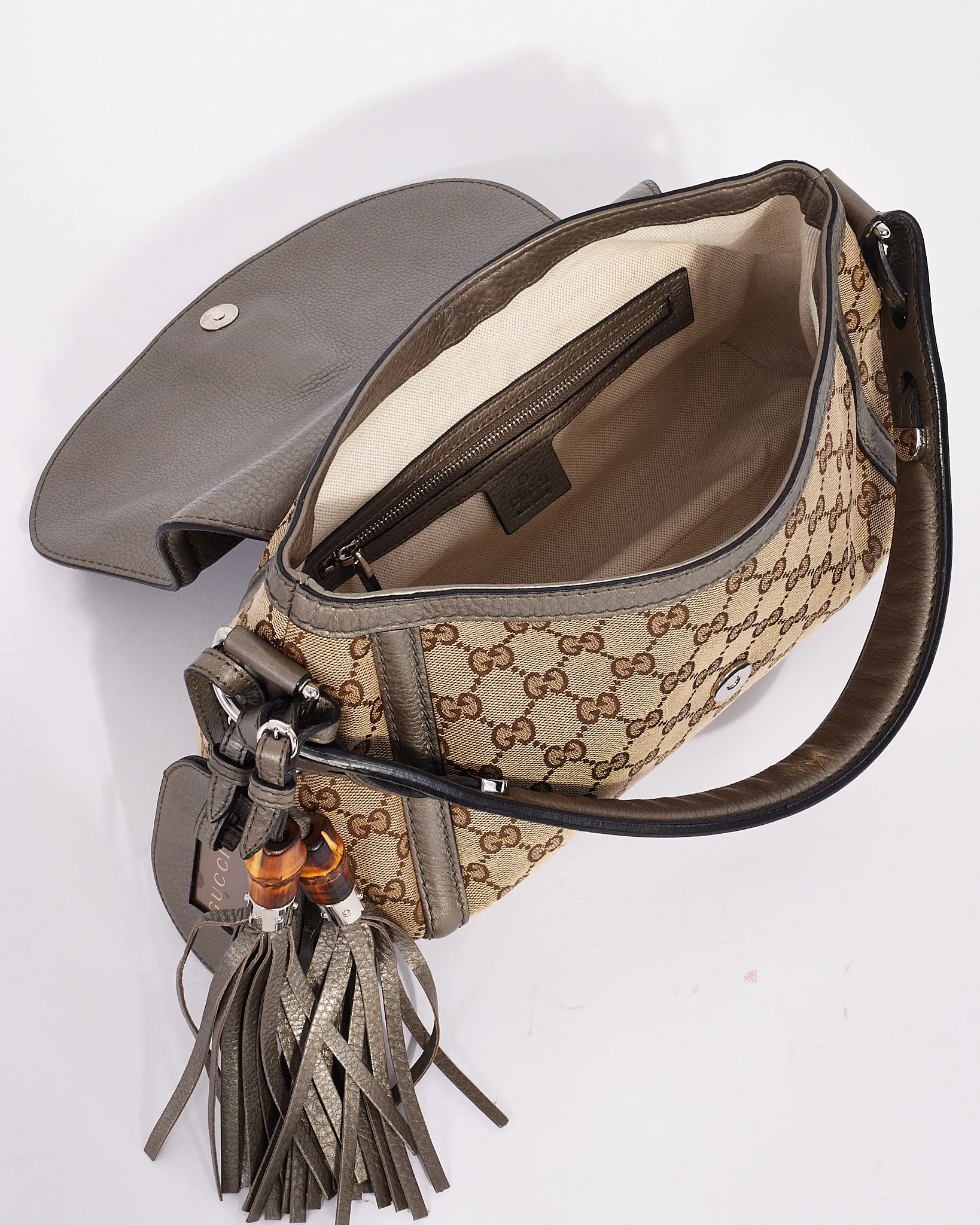 Gucci Metallic Silver Brown Canvas GG Horsebit Bamboo Tassel Bag