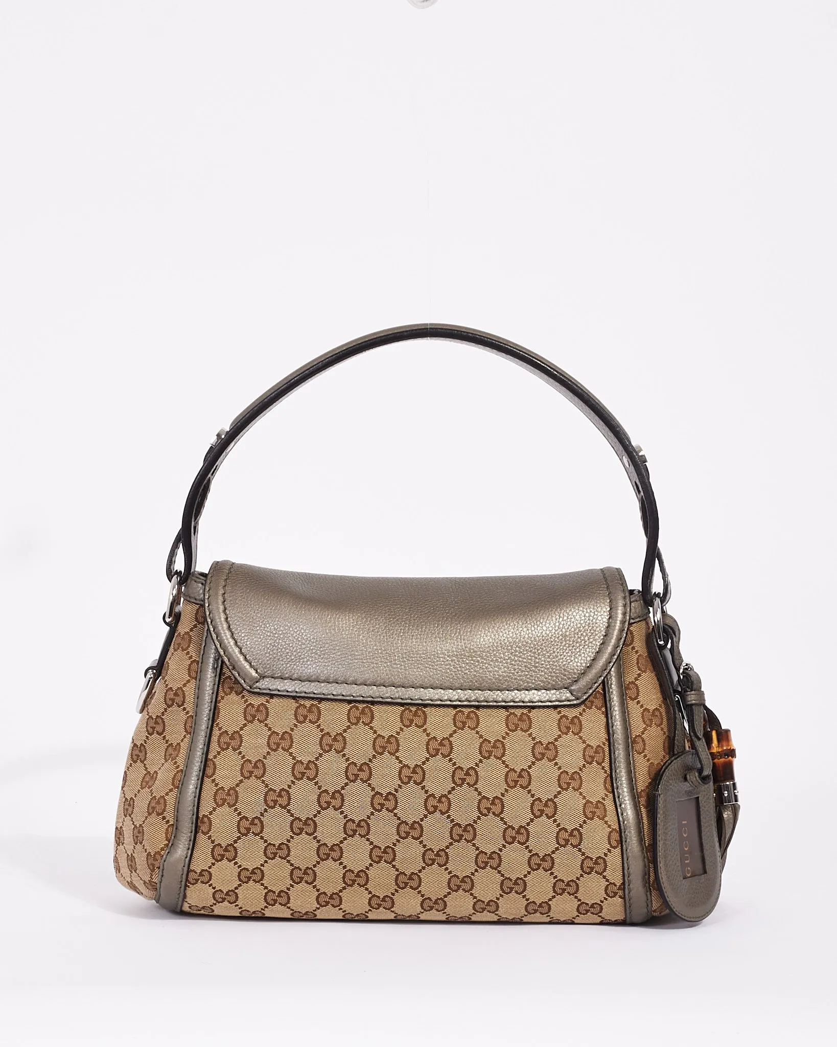 Gucci Metallic Silver Brown Canvas GG Horsebit Bamboo Tassel Bag