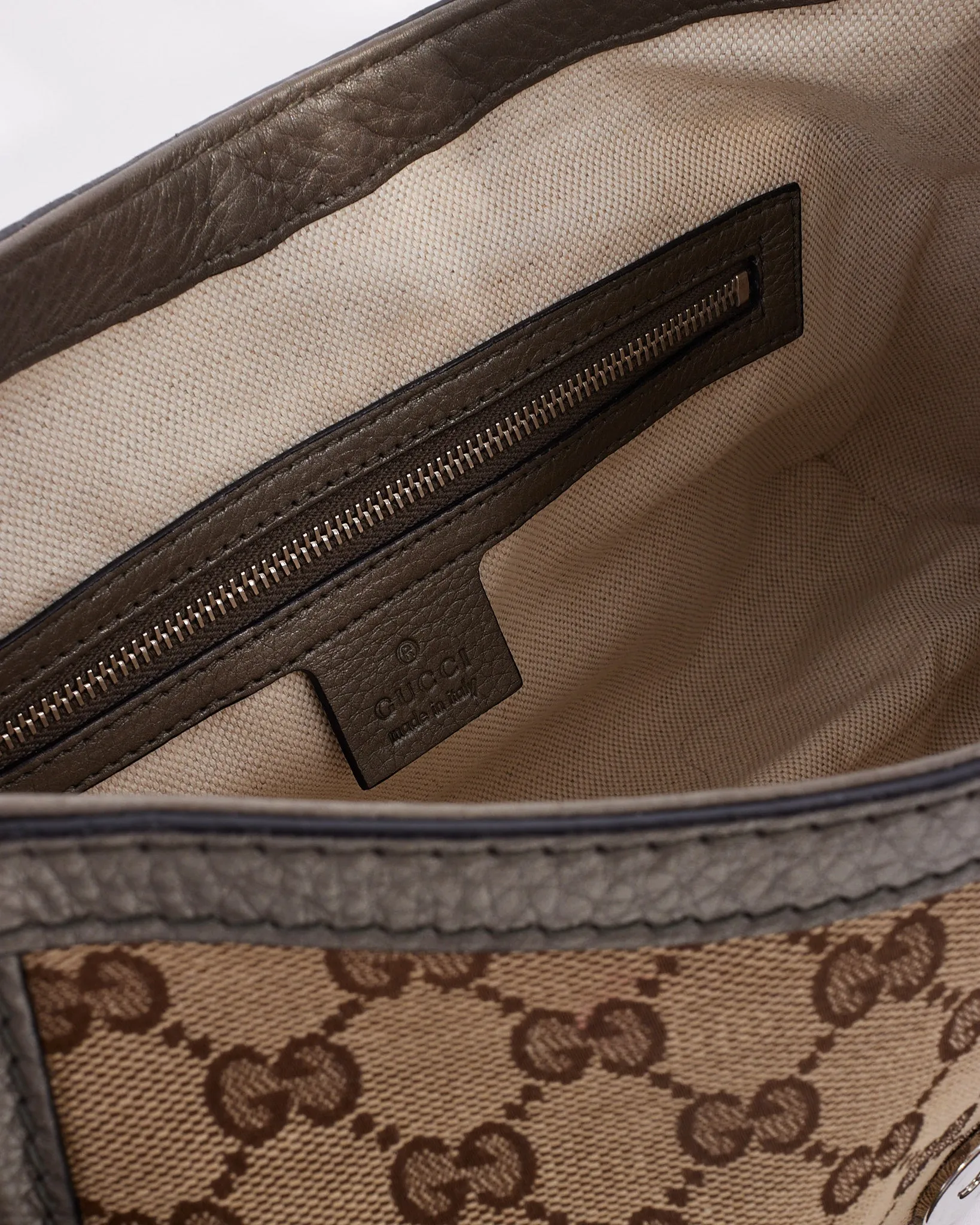 Gucci Metallic Silver Brown Canvas GG Horsebit Bamboo Tassel Bag