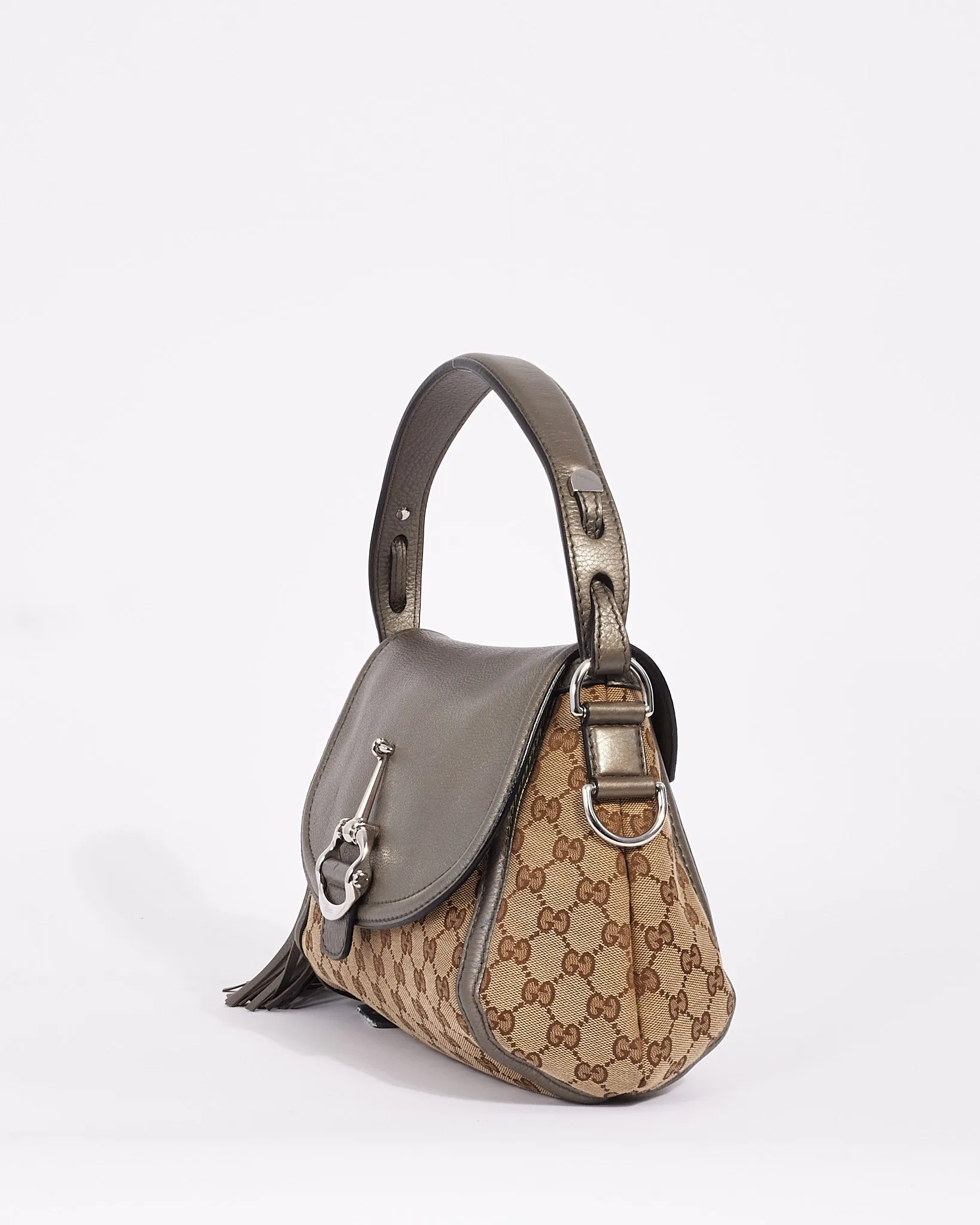 Gucci Metallic Silver Brown Canvas GG Horsebit Bamboo Tassel Bag