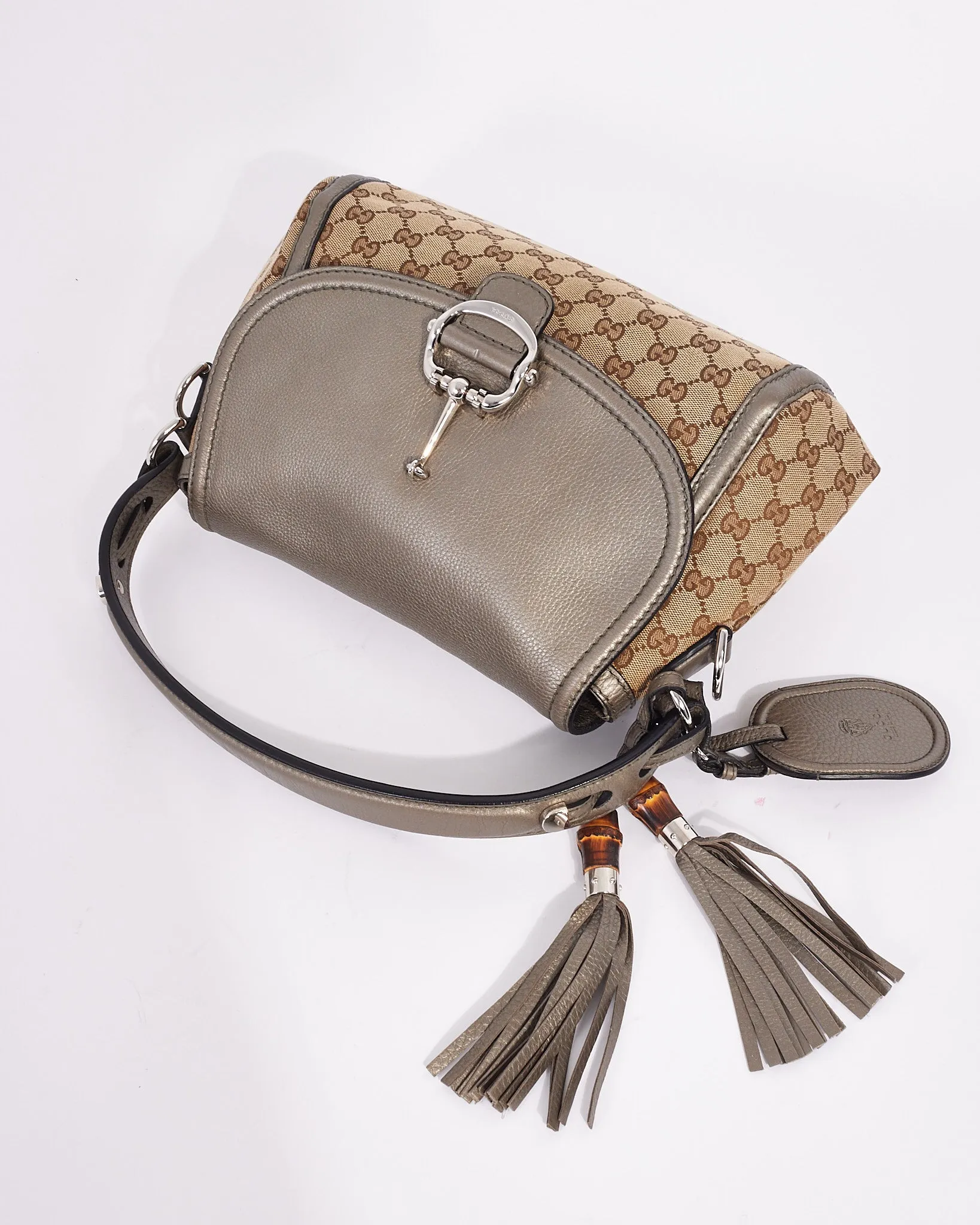 Gucci Metallic Silver Brown Canvas GG Horsebit Bamboo Tassel Bag