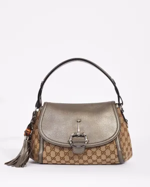 Gucci Metallic Silver Brown Canvas GG Horsebit Bamboo Tassel Bag