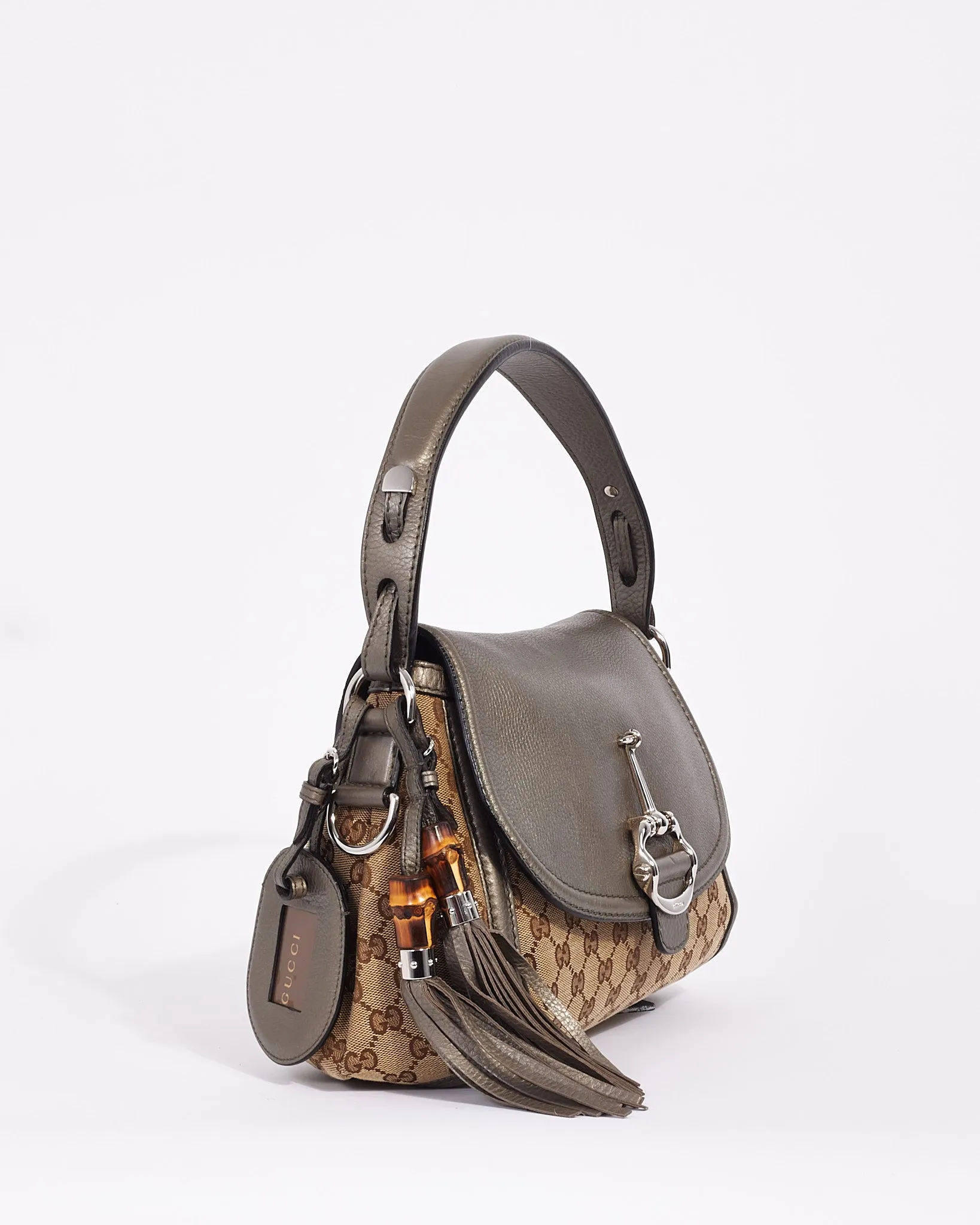 Gucci Metallic Silver Brown Canvas GG Horsebit Bamboo Tassel Bag