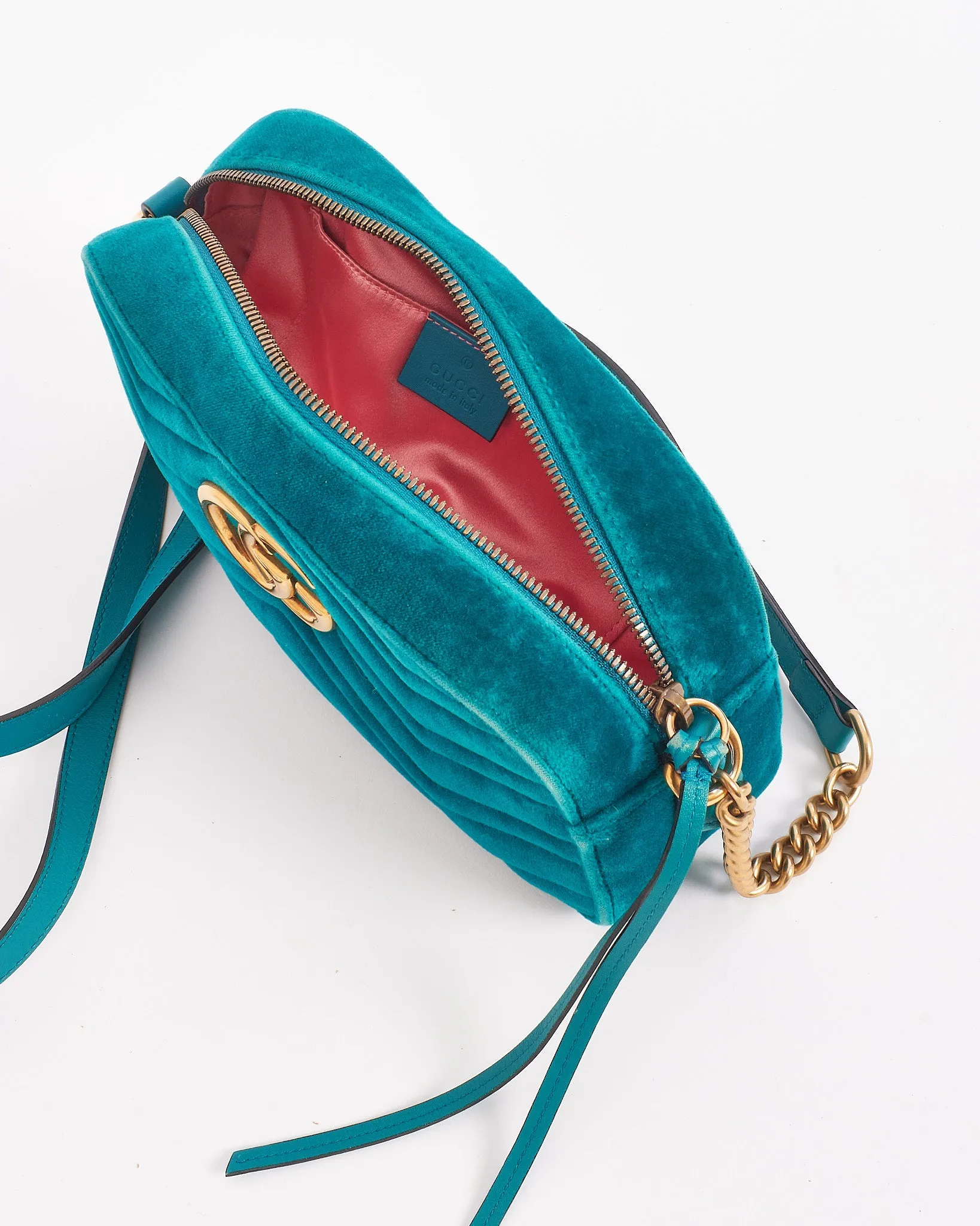 Gucci Turquoise Matelassé Velvet Small GG Marmont Chain Crossbody Bag