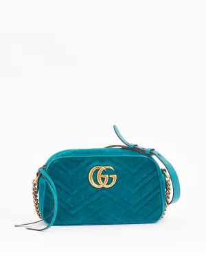 Gucci Turquoise Matelassé Velvet Small GG Marmont Chain Crossbody Bag