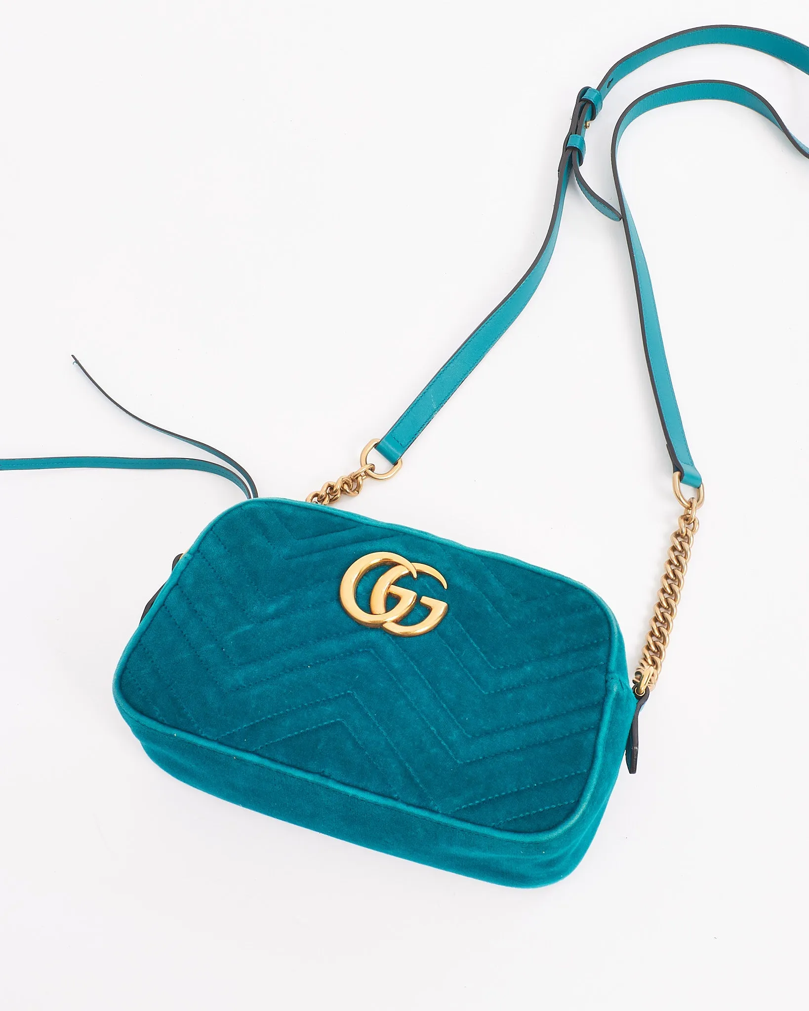Gucci Turquoise Matelassé Velvet Small GG Marmont Chain Crossbody Bag