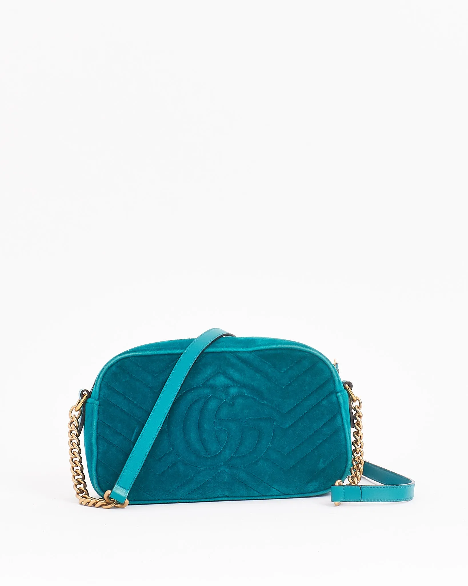 Gucci Turquoise Matelassé Velvet Small GG Marmont Chain Crossbody Bag