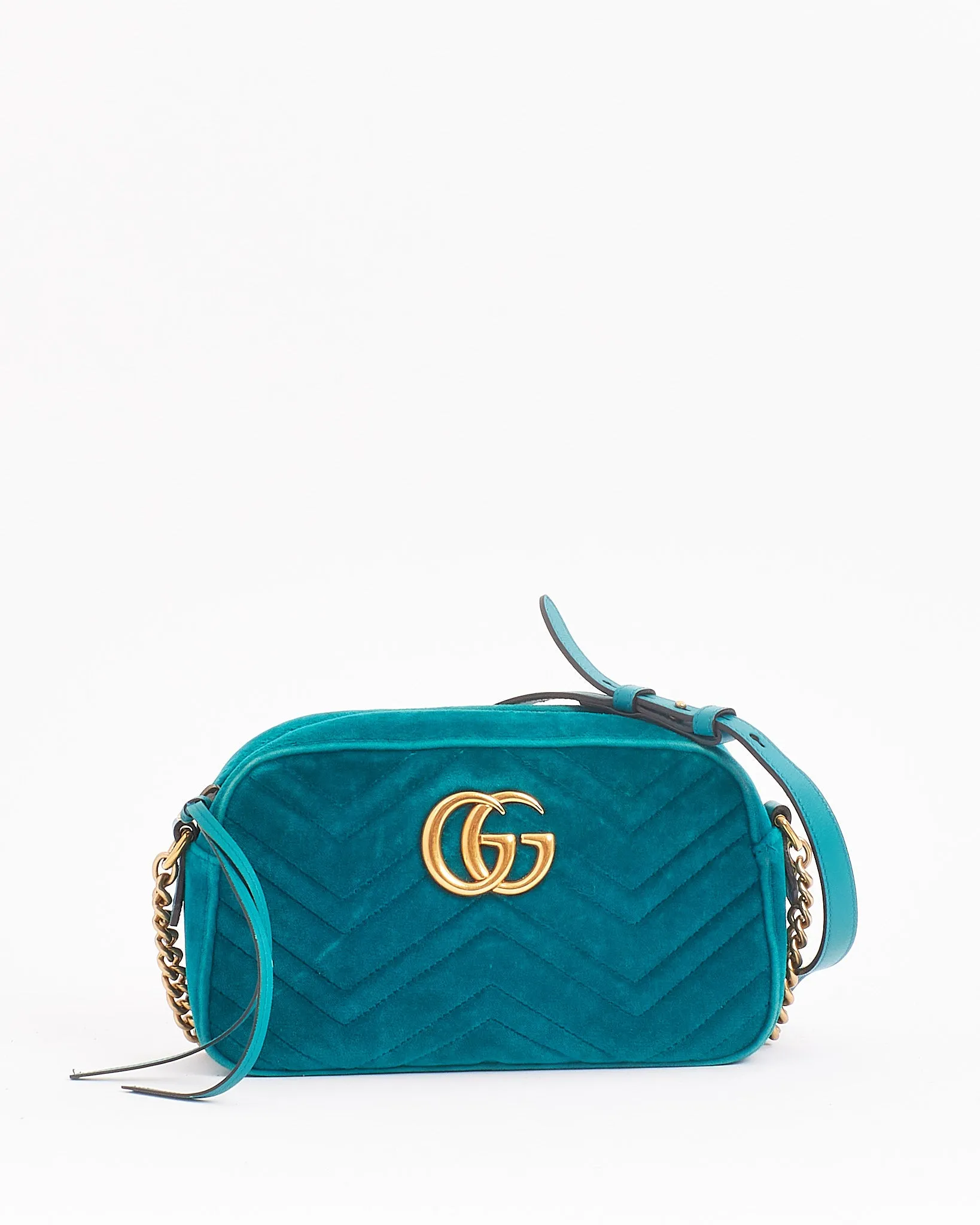 Gucci Turquoise Matelassé Velvet Small GG Marmont Chain Crossbody Bag