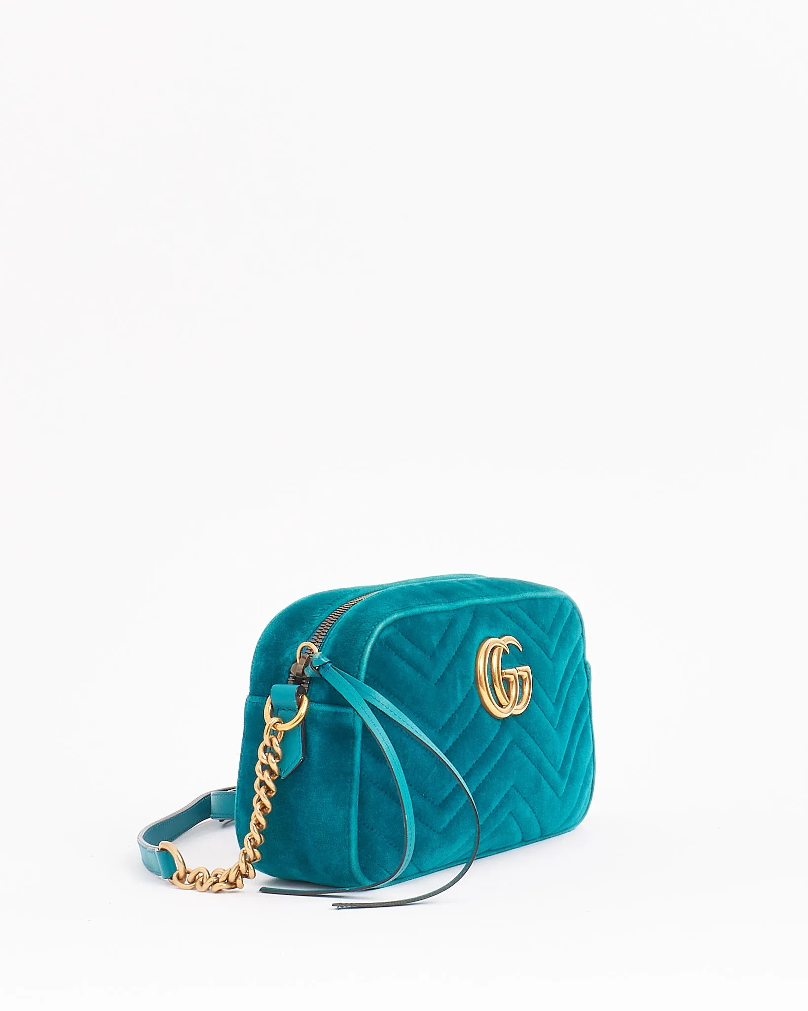 Gucci Turquoise Matelassé Velvet Small GG Marmont Chain Crossbody Bag
