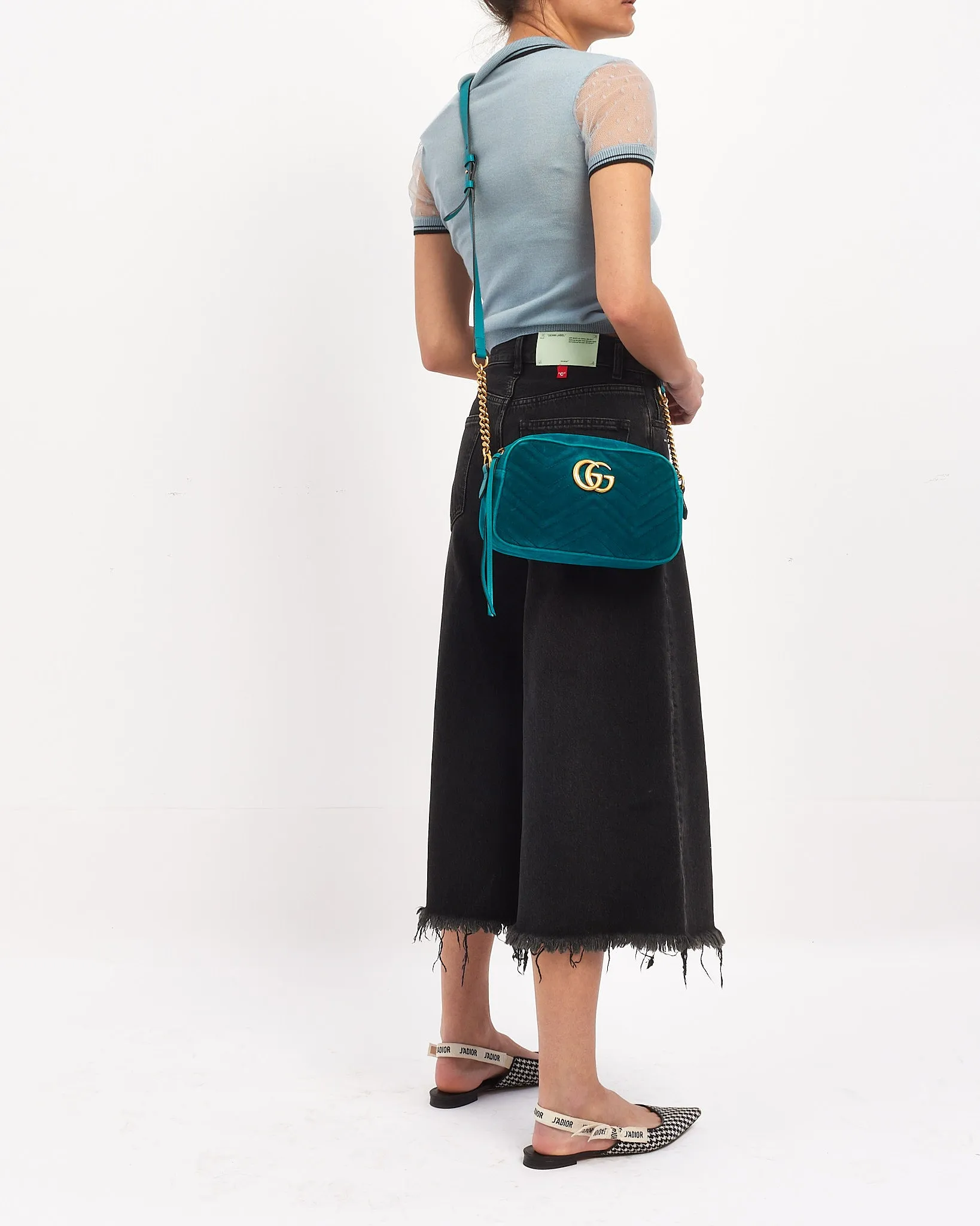 Gucci Turquoise Matelassé Velvet Small GG Marmont Chain Crossbody Bag
