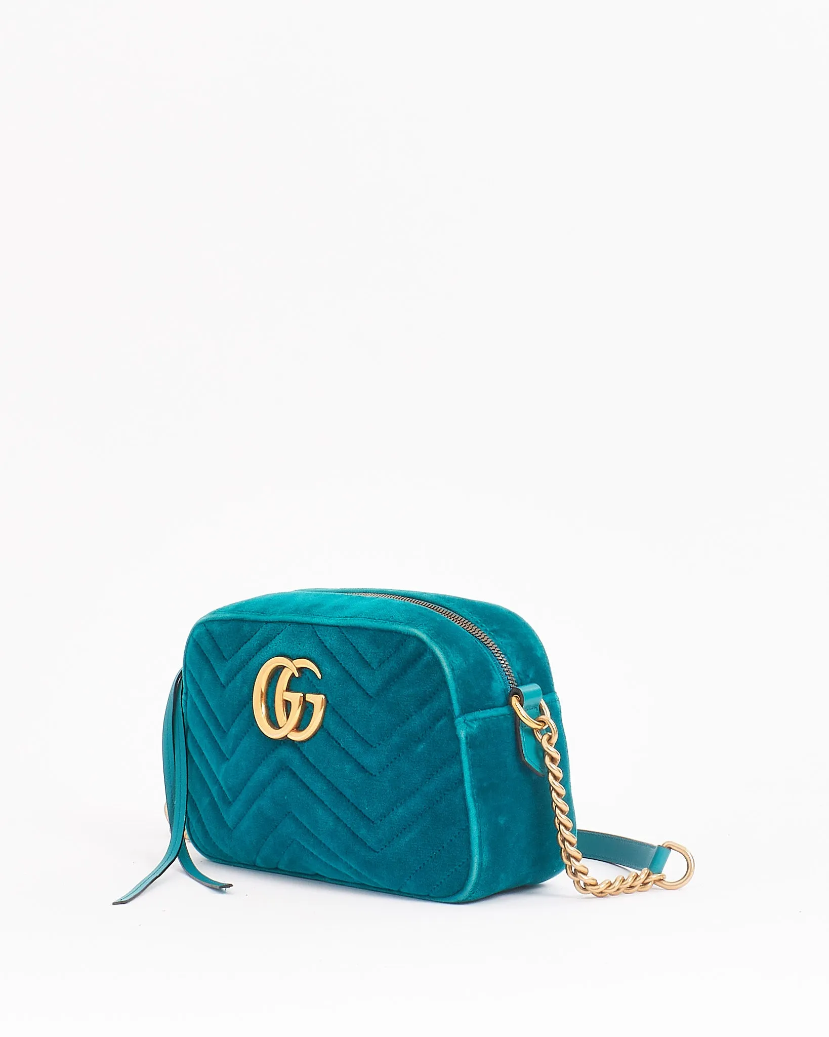 Gucci Turquoise Matelassé Velvet Small GG Marmont Chain Crossbody Bag