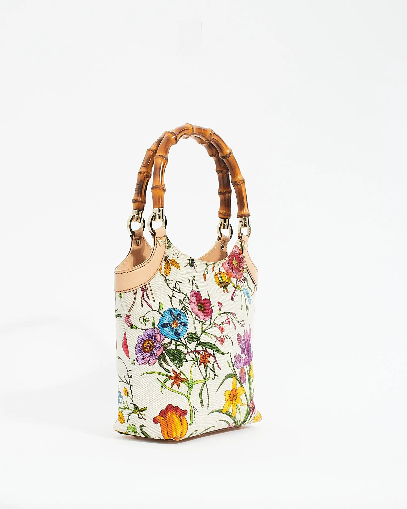 Gucci White Floral Canvas Bamboo Top Handle Tote