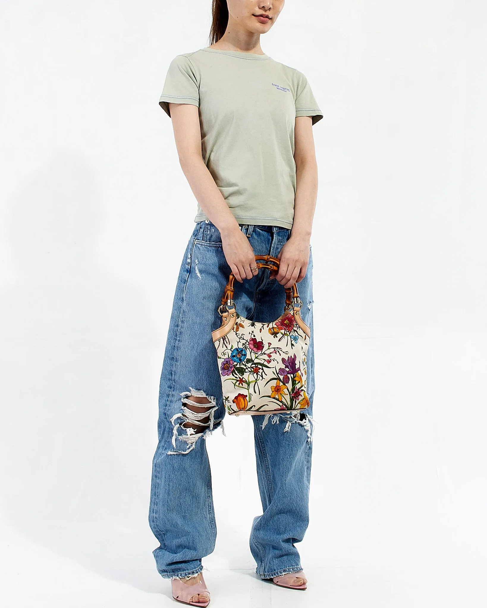 Gucci White Floral Canvas Bamboo Top Handle Tote