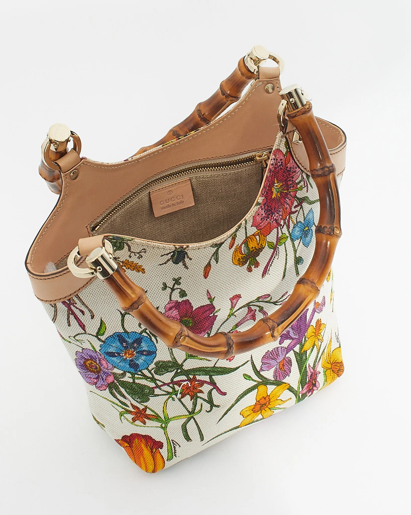 Gucci White Floral Canvas Bamboo Top Handle Tote