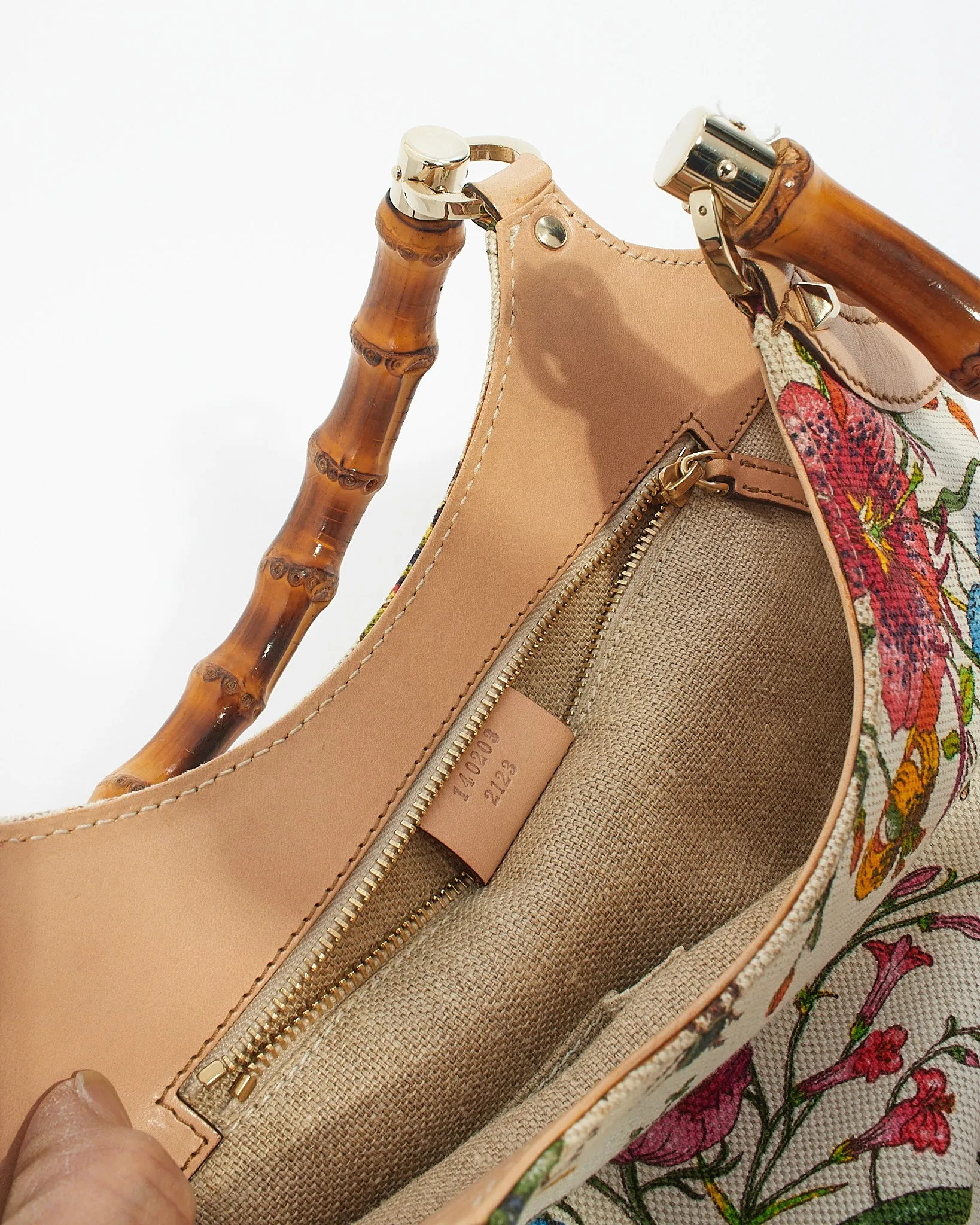 Gucci White Floral Canvas Bamboo Top Handle Tote