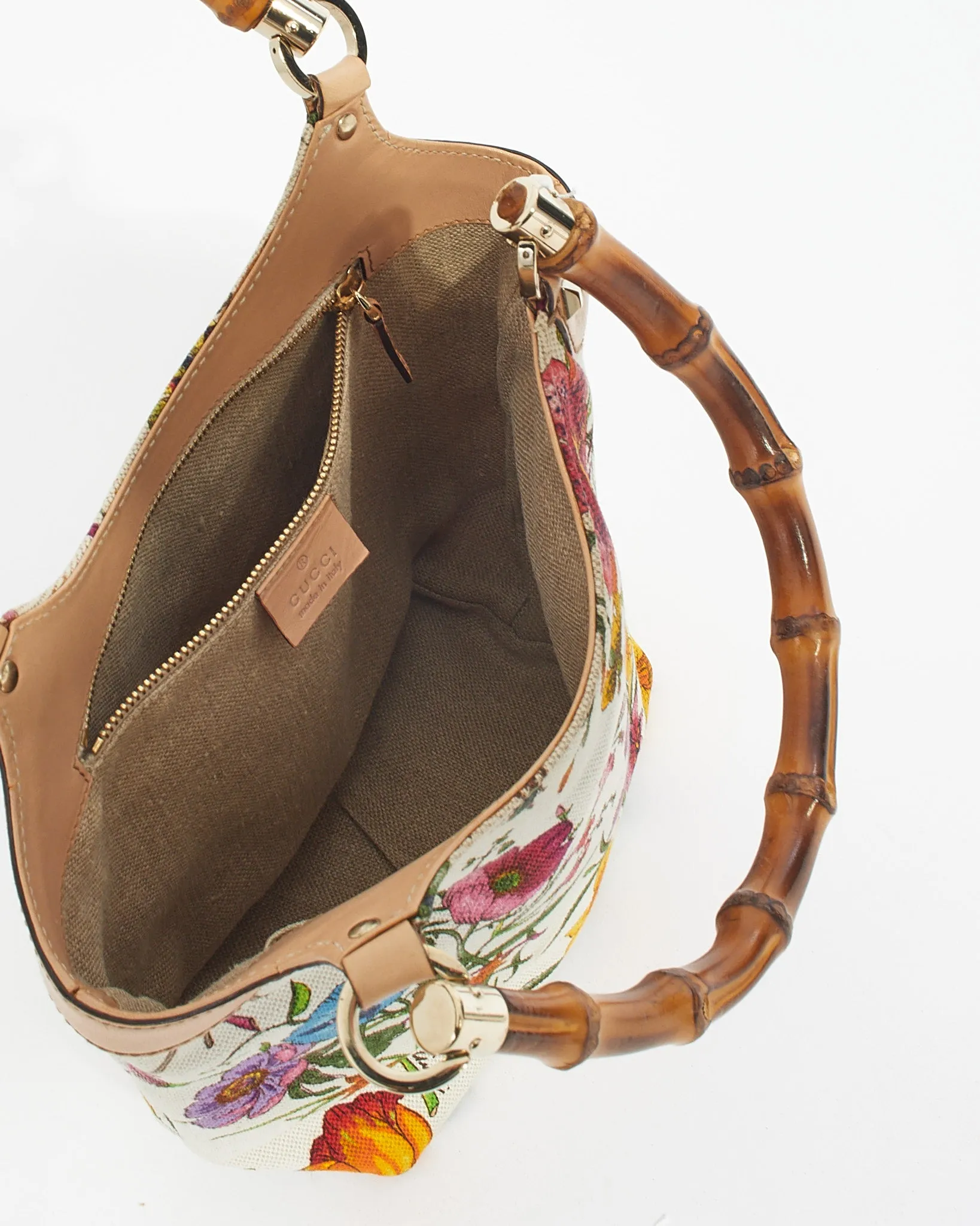 Gucci White Floral Canvas Bamboo Top Handle Tote