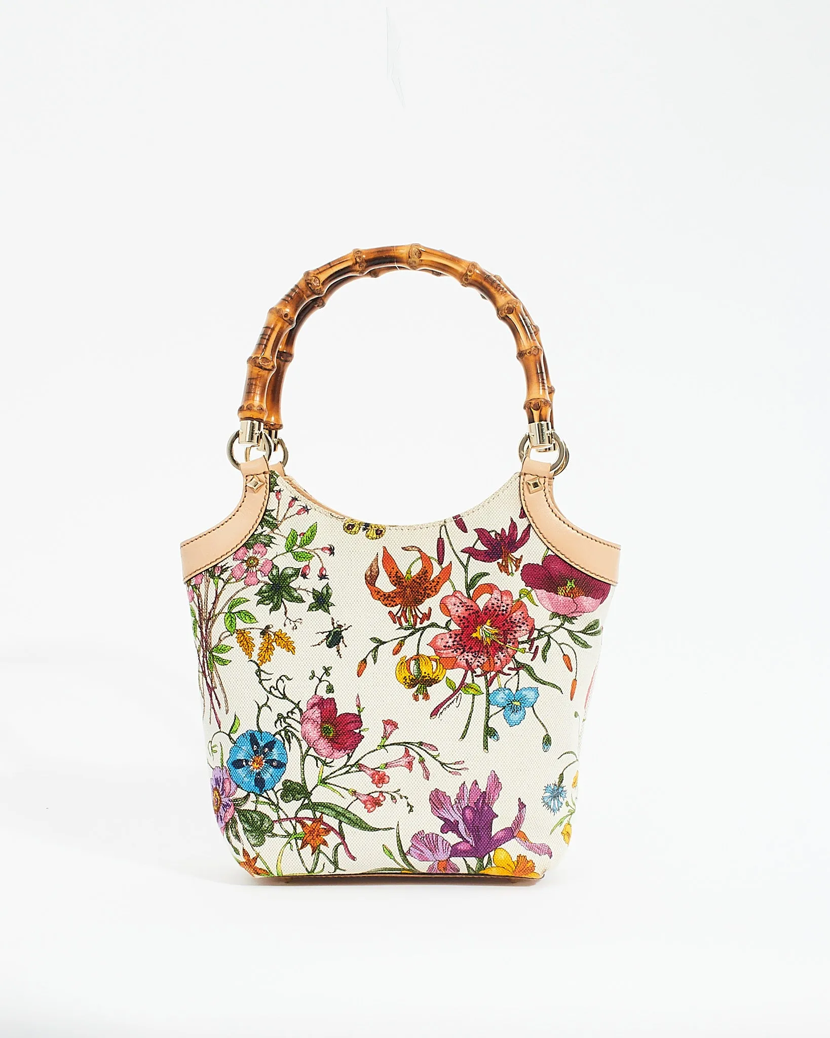 Gucci White Floral Canvas Bamboo Top Handle Tote