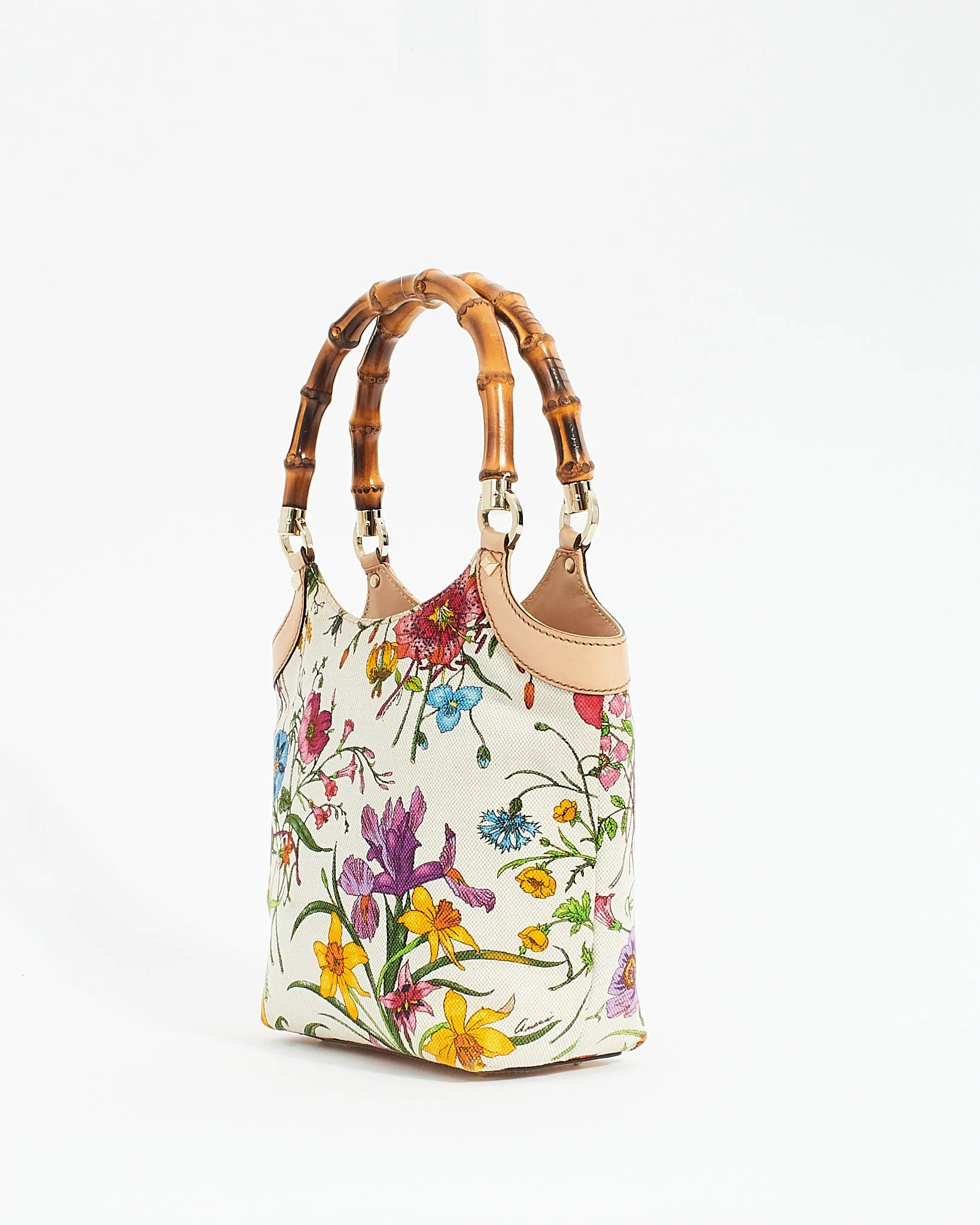 Gucci White Floral Canvas Bamboo Top Handle Tote