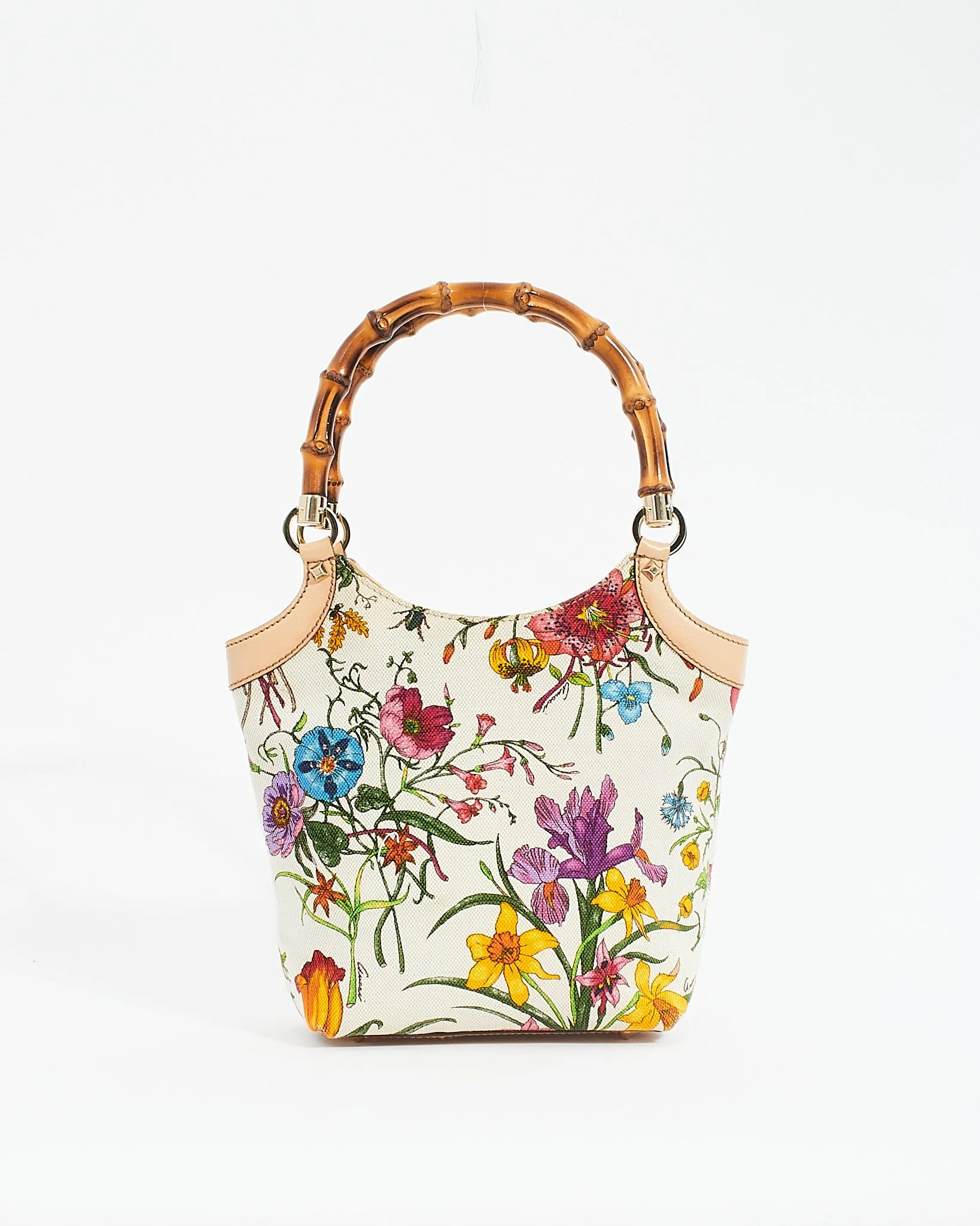 Gucci White Floral Canvas Bamboo Top Handle Tote