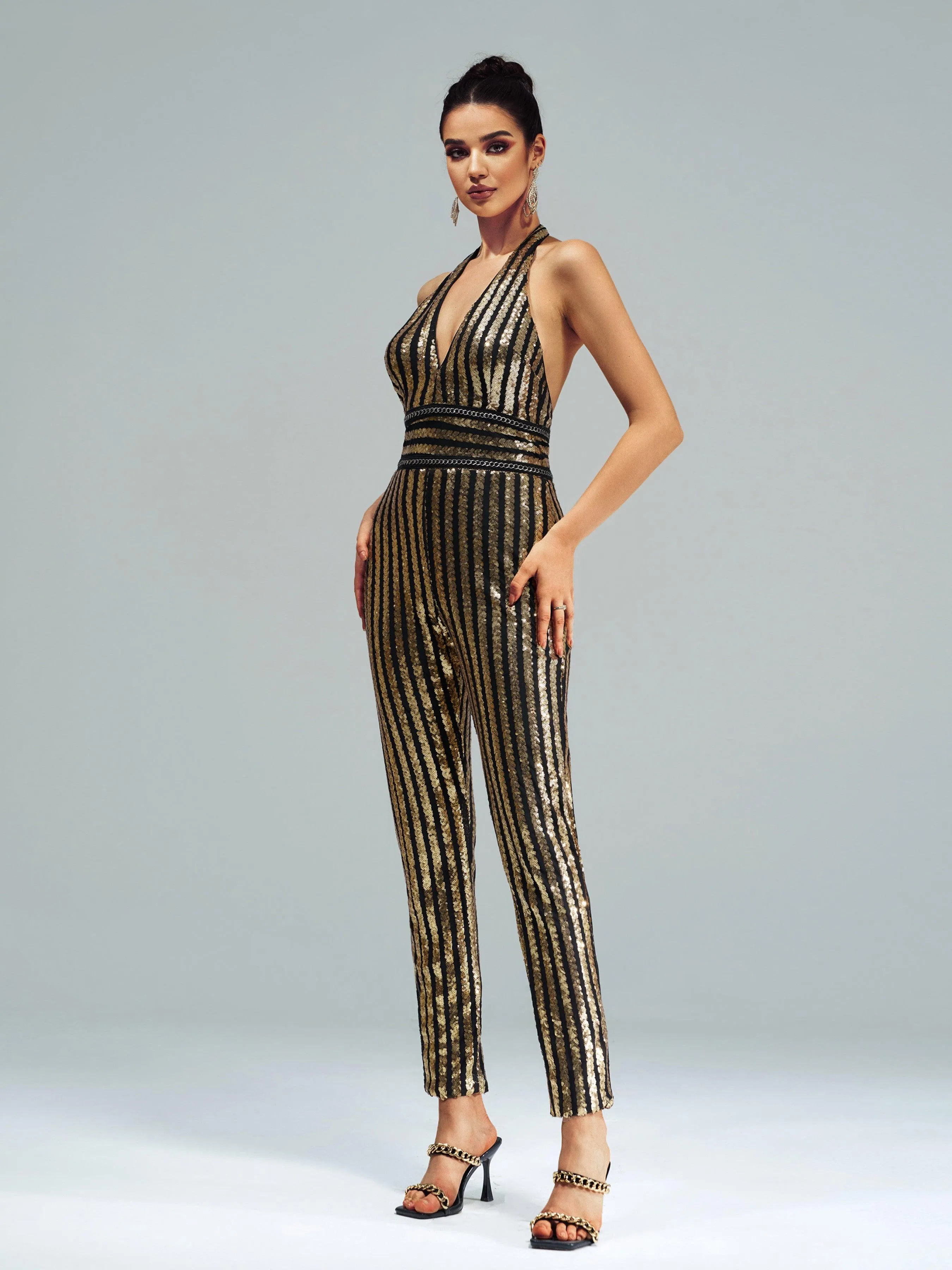 Halter Backless Sequin Gold Jumpsuits FT4998