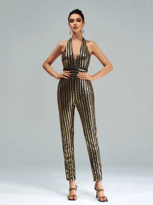 Halter Backless Sequin Gold Jumpsuits FT4998