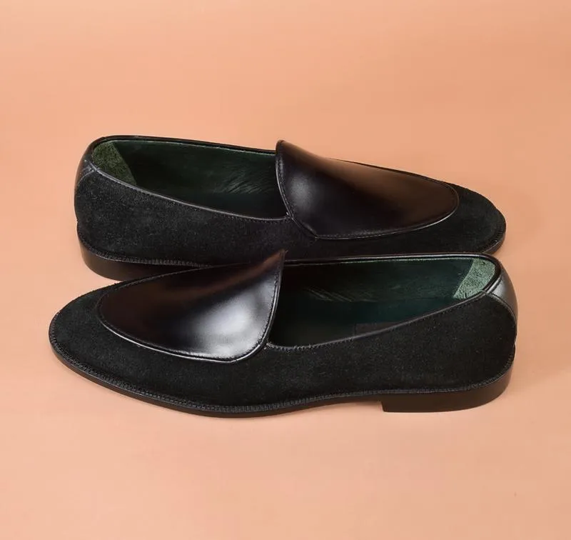 Handmade Black Leather and Suede Loafer Moccasin Shoes