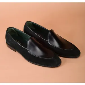Handmade Black Leather and Suede Loafer Moccasin Shoes