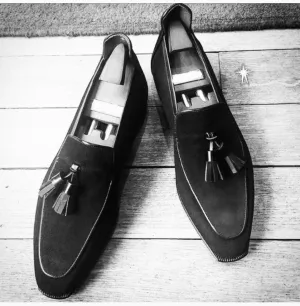 Handmade Black Suede Moccasin Dress Loafers for Men