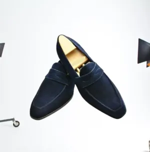 Handmade Men's Navy Blue Suede Loafers Slip-Ons