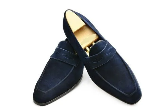 Handmade Men's Navy Blue Suede Loafers Slip-Ons