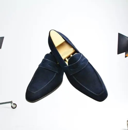 Handmade Men's Navy Blue Suede Loafers Slip-Ons