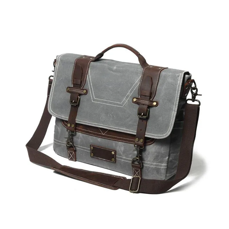 Handmade Waxed Canvas Messenger Bag 14" Laptop Bag Waterproof Canvas Crossbody Bag Shoulder Bag Men's Waterproof Briefcase