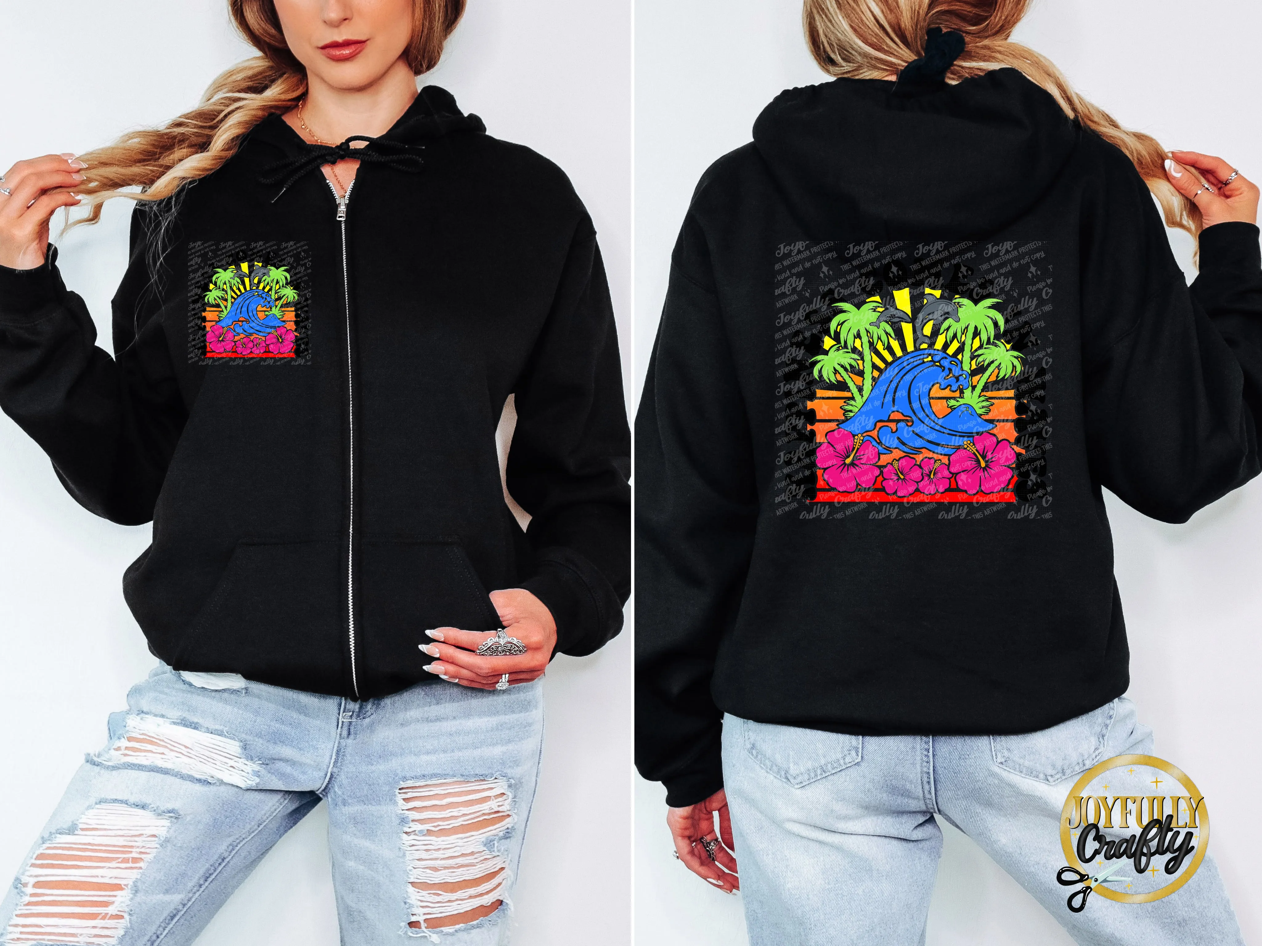 Happiness Comes In Waves Adult Zip Up Hoodie Front and Back Design