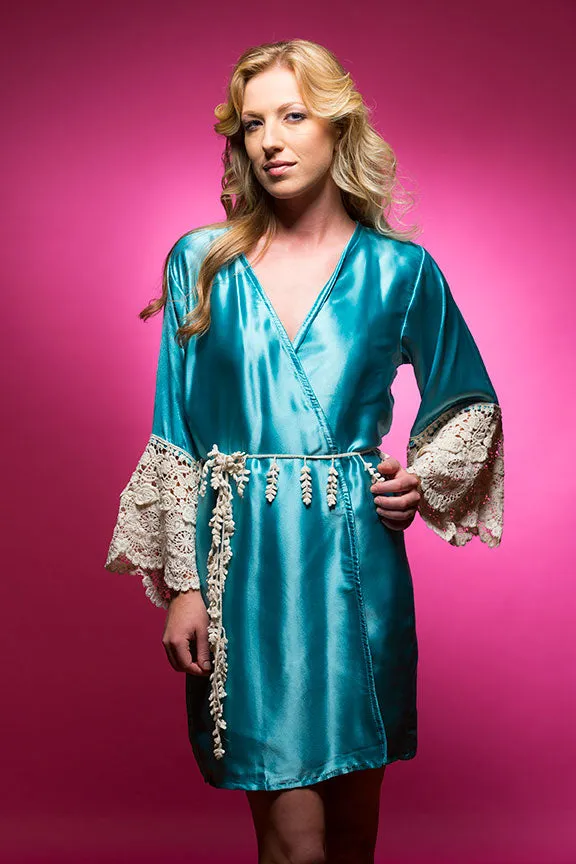 Ice Blue Satin Robe with Ivory Lace Accented Cuff