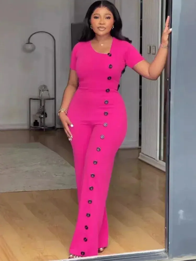 Irregular Collar Buttoned Front Wide Leg Jumpsuit