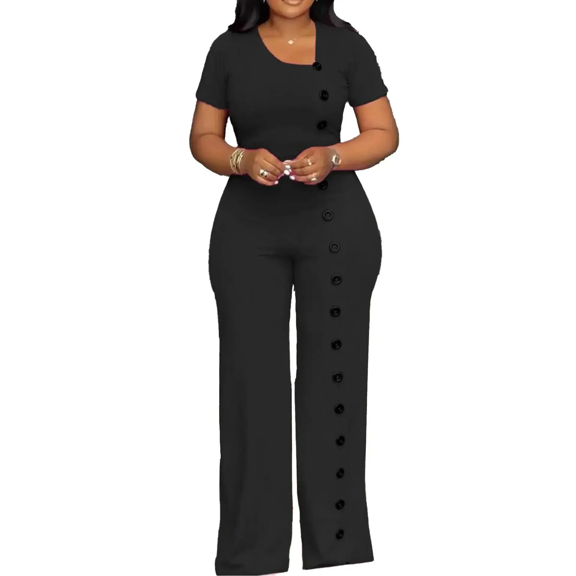 Irregular Collar Buttoned Front Wide Leg Jumpsuit