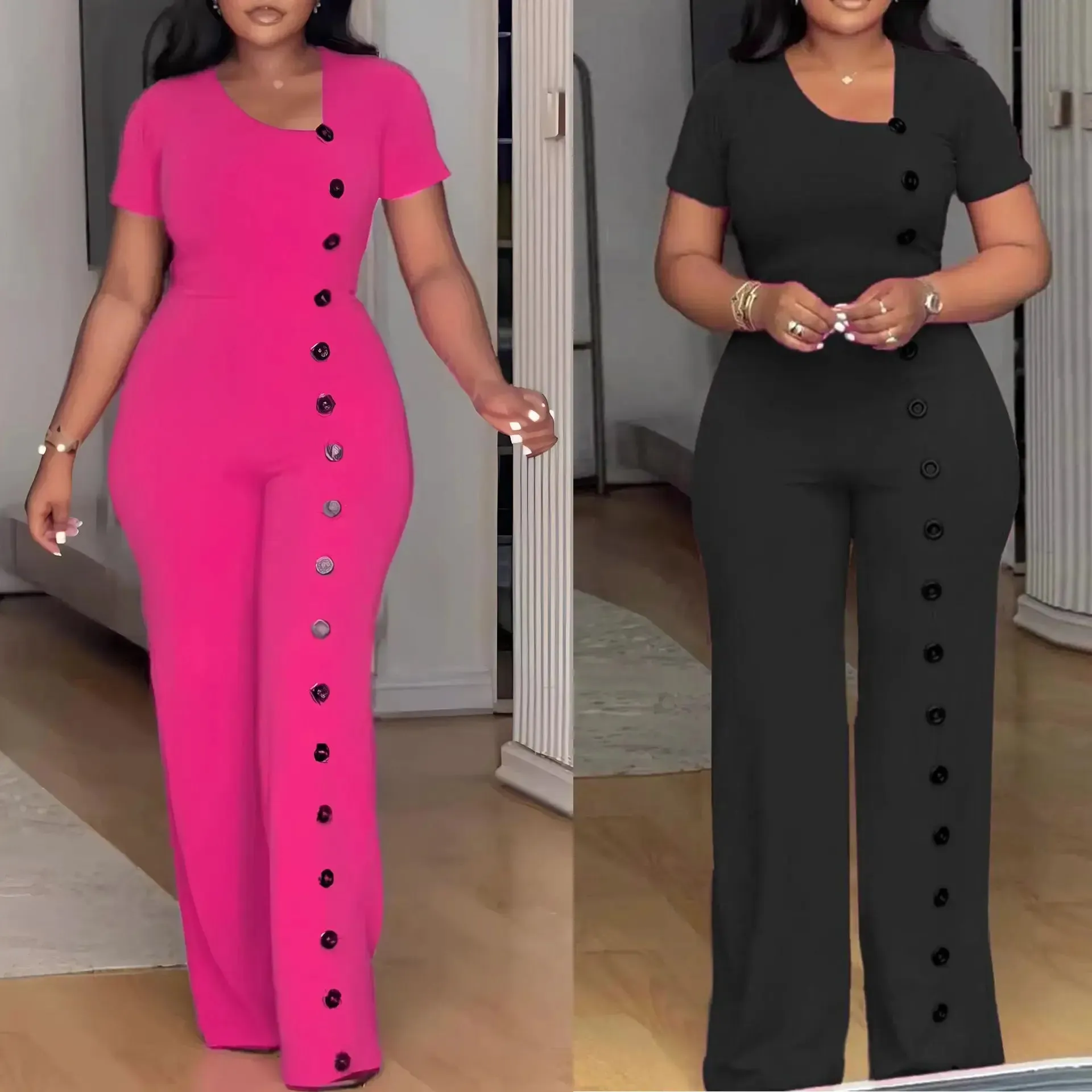 Irregular Collar Buttoned Front Wide Leg Jumpsuit