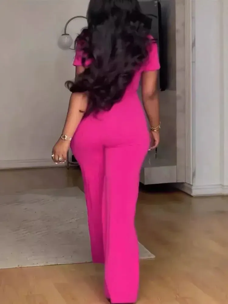 Irregular Collar Buttoned Front Wide Leg Jumpsuit