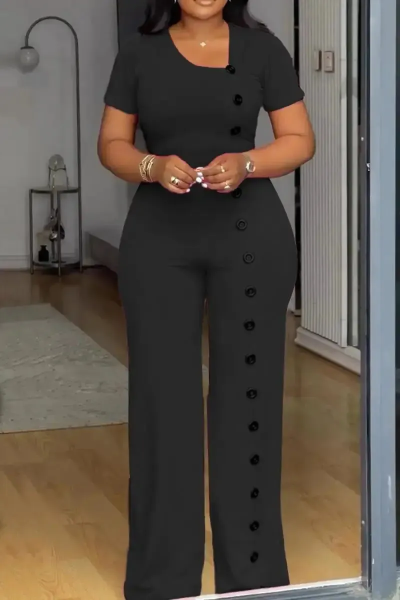 Irregular Collar Buttoned Front Wide Leg Jumpsuit