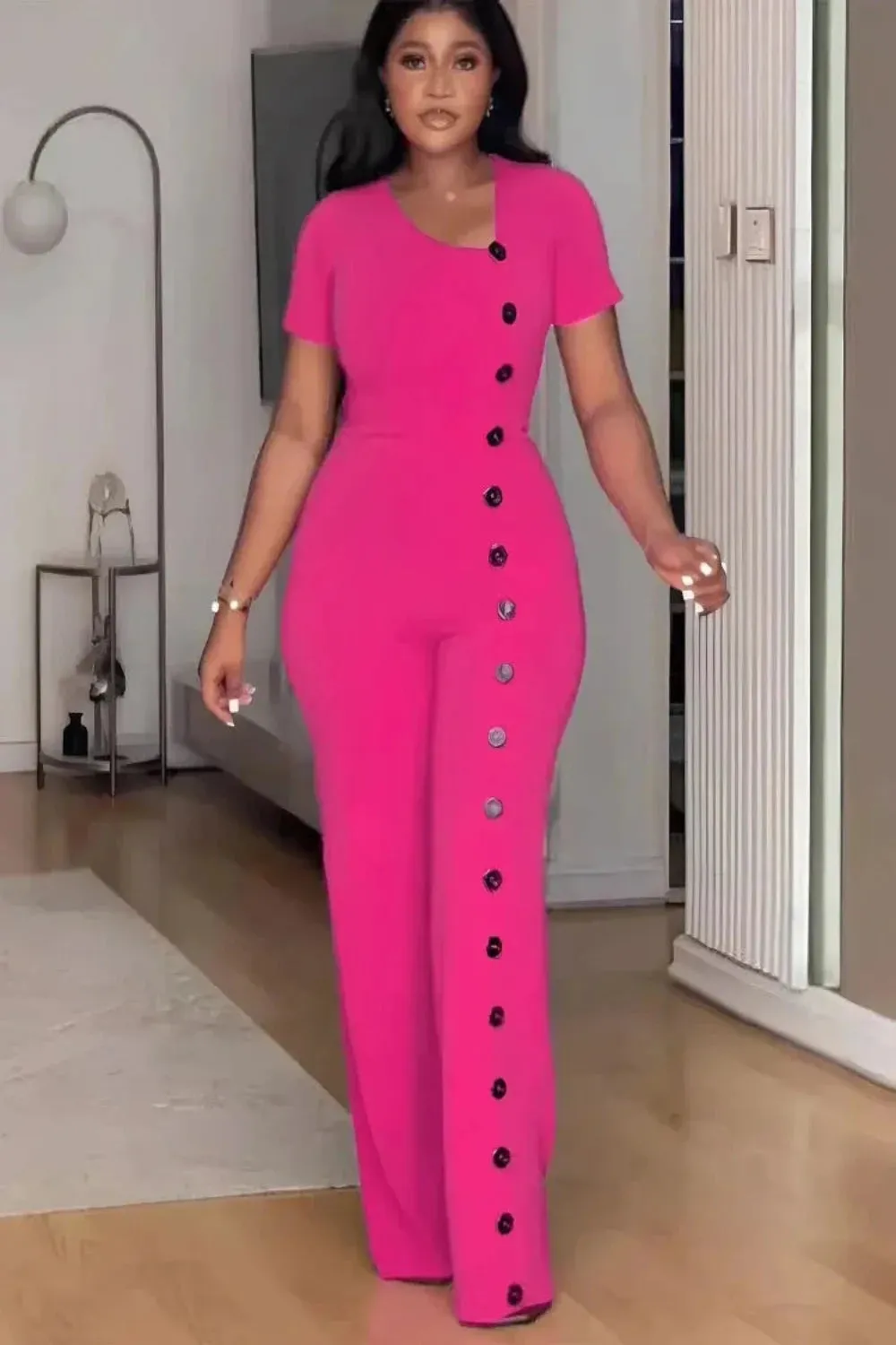 Irregular Collar Buttoned Front Wide Leg Jumpsuit