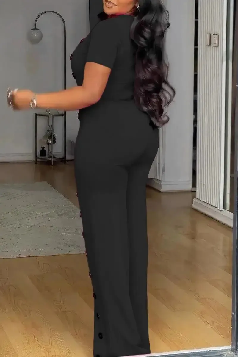 Irregular Collar Buttoned Front Wide Leg Jumpsuit