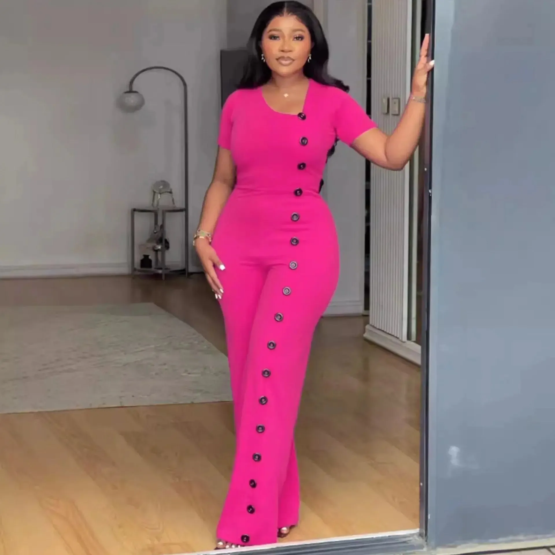 Irregular Collar Buttoned Front Wide Leg Jumpsuit