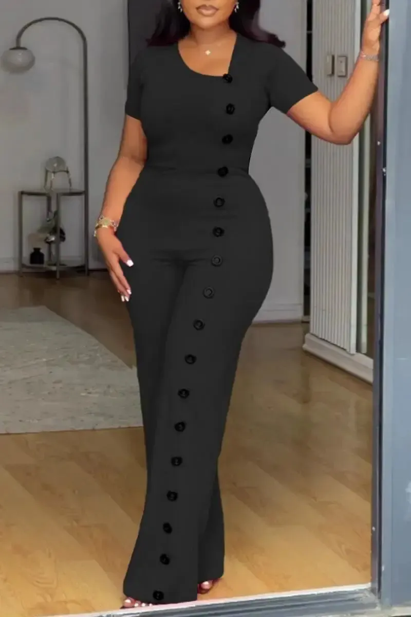 Irregular Collar Buttoned Front Wide Leg Jumpsuit