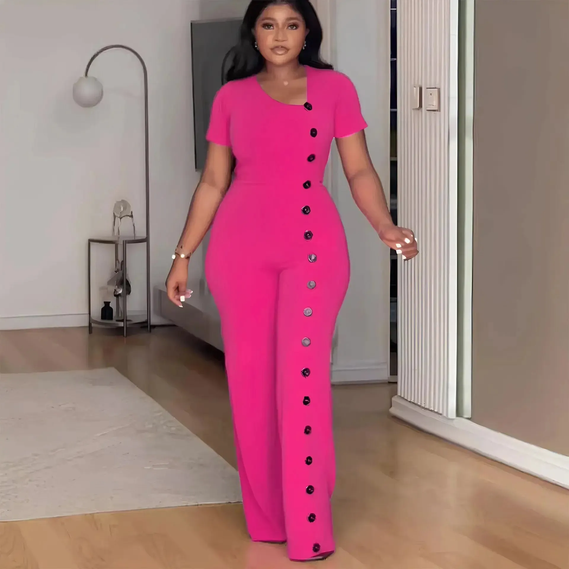 Irregular Collar Buttoned Front Wide Leg Jumpsuit
