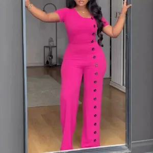 Irregular Collar Buttoned Front Wide Leg Jumpsuit