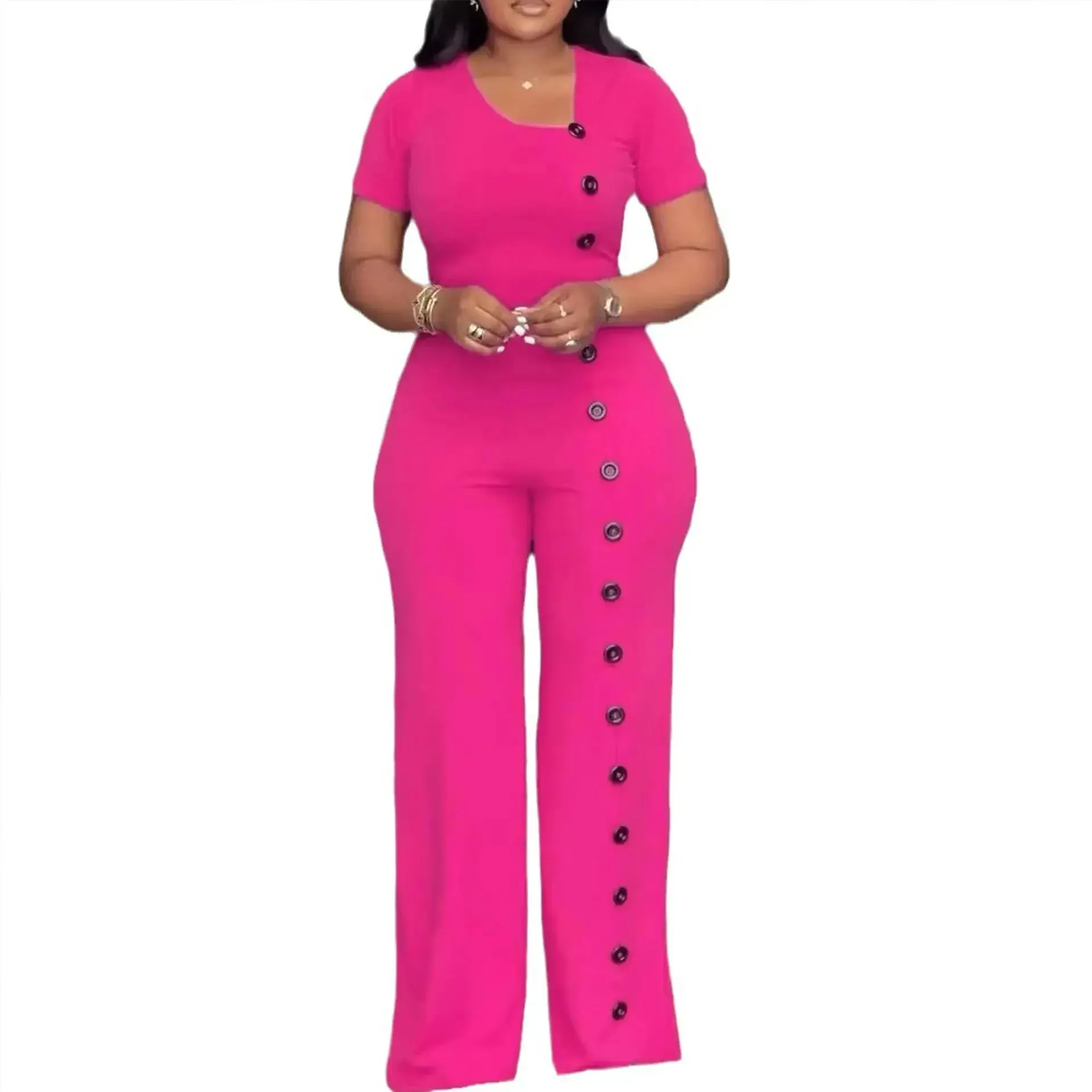 Irregular Collar Buttoned Front Wide Leg Jumpsuit