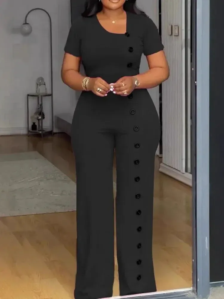 Irregular Collar Buttoned Front Wide Leg Jumpsuit